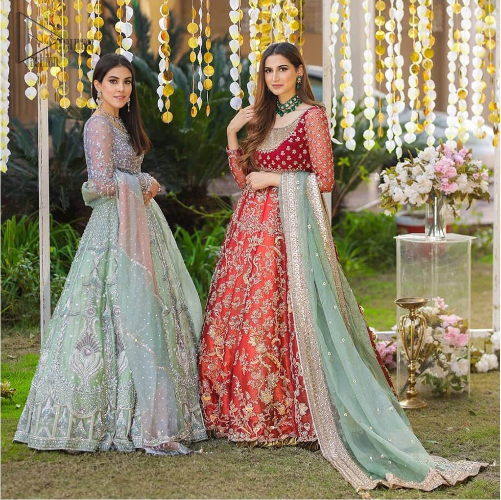 Make a special day even more magic with our exquisite bridal dress. This wedding dress is elegant and eye-catching in equal measure. Strike a breathtakingly elegant pose in this wedding dress, designed with a beautiful neckline embellished with sequins details and scattered tiny floral motifs all over. The lehenga is decorated with floral embroidery all over and finished with frilled fabric. The mint green organza dupatta with chann and finishing all around the edges makes the look complete.