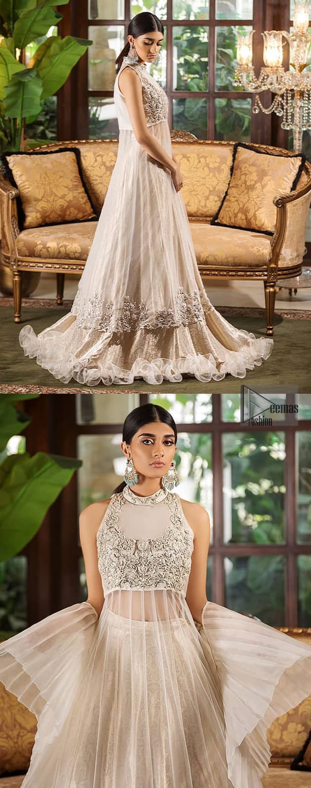 This halter neck frock is majestic beauty. Delicately crafted and personifying chic elegance with an element of grandiose. A full heavily embroidered bodice done with silver and gray zardozi work. The bottom of the frock is enhanced with rich floral embroidery and wide hemline. It comprises with brocade lehenga and net frilled lift the whole lehenga bottom. Complete the look with tea rose dupatta sprinkled with sequins on all over the ground.