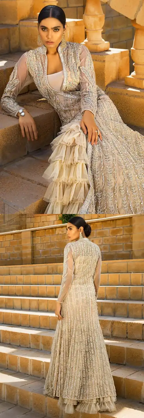 A fusion of traditional and latest fashion making the outfit trendy and unique. This angrakha style floor length maxi is