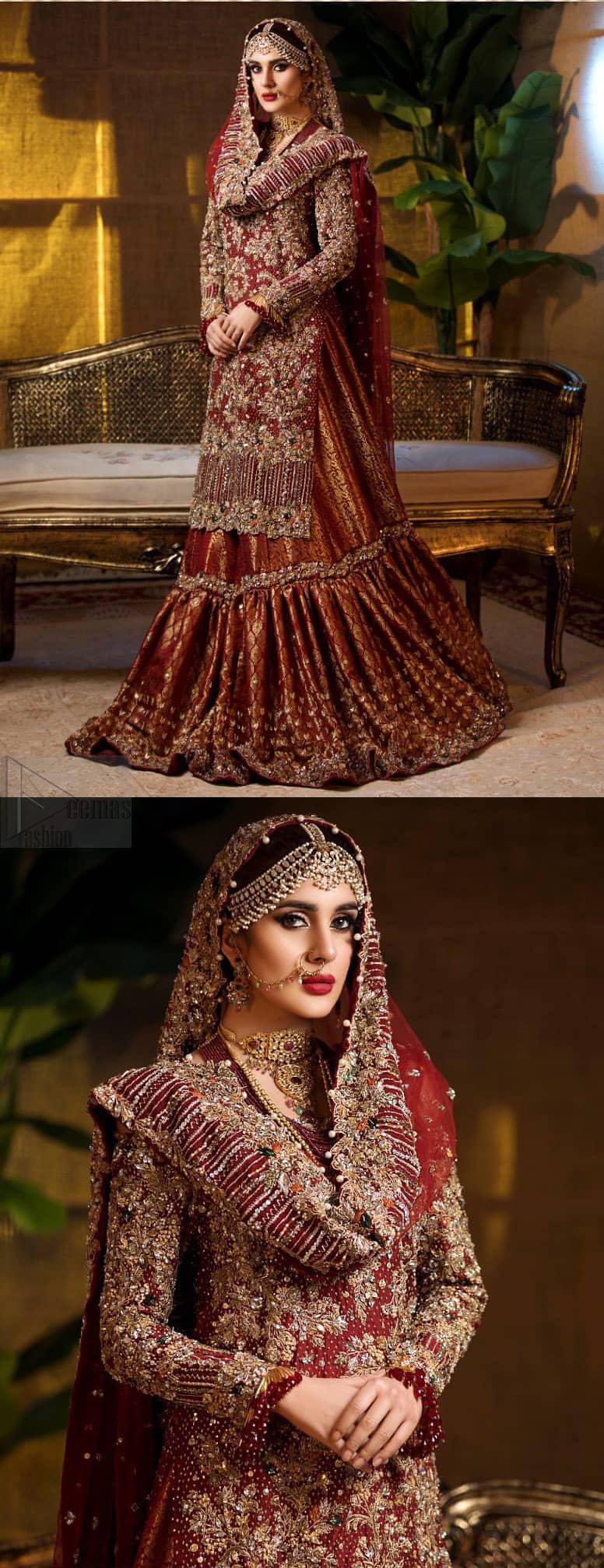 Captured in traditional silhouette. The bridal stands out due to its uniqueness and the perfect fusion of modern cut and traditional embroidery. This dress is beautifully highlighted with zardozi work in the shades of tan and silver. The hemline of the shirt is adorned with scalloped finishing and tassels on the sleeves. It comes with katan banarsi gharara with wide flare decorated with kora, dabka, tilla and pearls work. It is coordinated with organza dupatta which is sprinkled with sequins all over it. It is further furnished with four sided scalloped border.