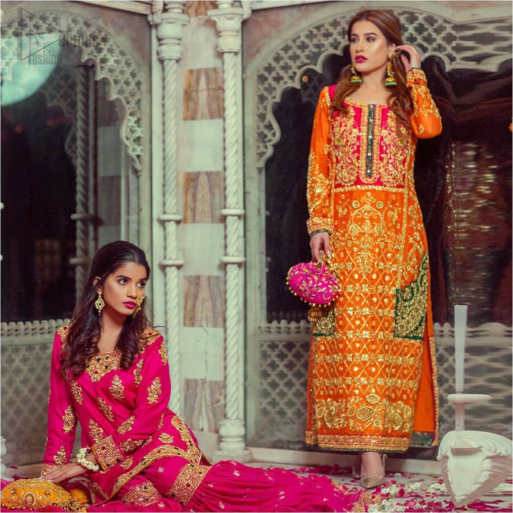 Get bold and beautiful with this uber-stylish ensemble that has flattering cuts, and a colour palette that is bewitching.  This orange long shirt adorned with intricate tilla work, kora, dabka and sequins is perfect ensemble for mehndi. Furthermore the shirt is also highlighted with pink embellished bodice and rest of the shirt is enhanced with geometric gota embroidery and green applique instantly draws attention.. It comprises with orange pajama adorned with gota work. Paired with pink chiffon dupatta with kiran lace finishing all around the edges that gives the right amount of glamour to the outfit.