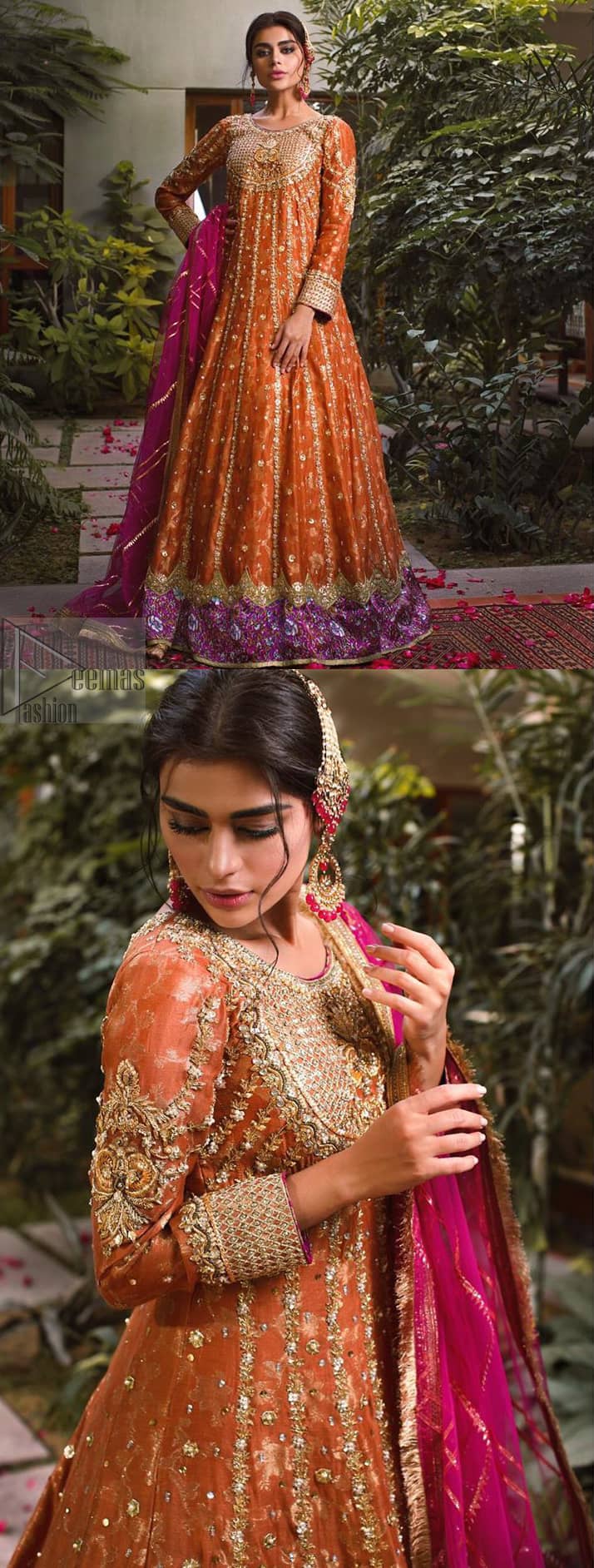 Let the crowd stare and make it worth their while when you walk wearing this anarkali frock. Designed to flaunt your best features, the bodice carries intricate zardozi work. Furthermore this multiple panel frock is enhanced with gota work and beautiful applique on bottom embellished with golden kora, dabka, tilla, sequins and beads work. Pair it up with pink churidar pajama and pink organza dupatta emphasized with gota work and four sided kiran lace. Upholding the idea of simple is beautiful, you would definitely want to wear this for your next occasion.