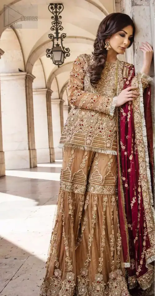 Picturing your bridal in a glowing fawn color. Featuring beautiful handwork, this outfit has a delicate arrangement of hand embellished