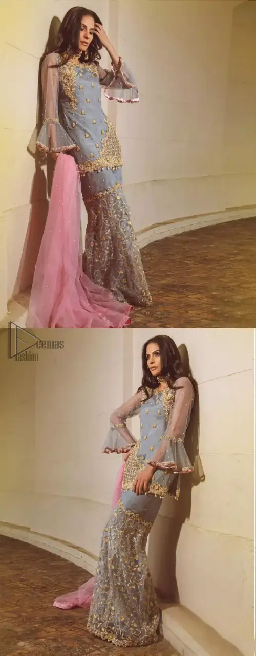 Embrace the season of festivities with this beautiful dress. The chic yet elegant outfit is decorated with golden embroidery, embellished