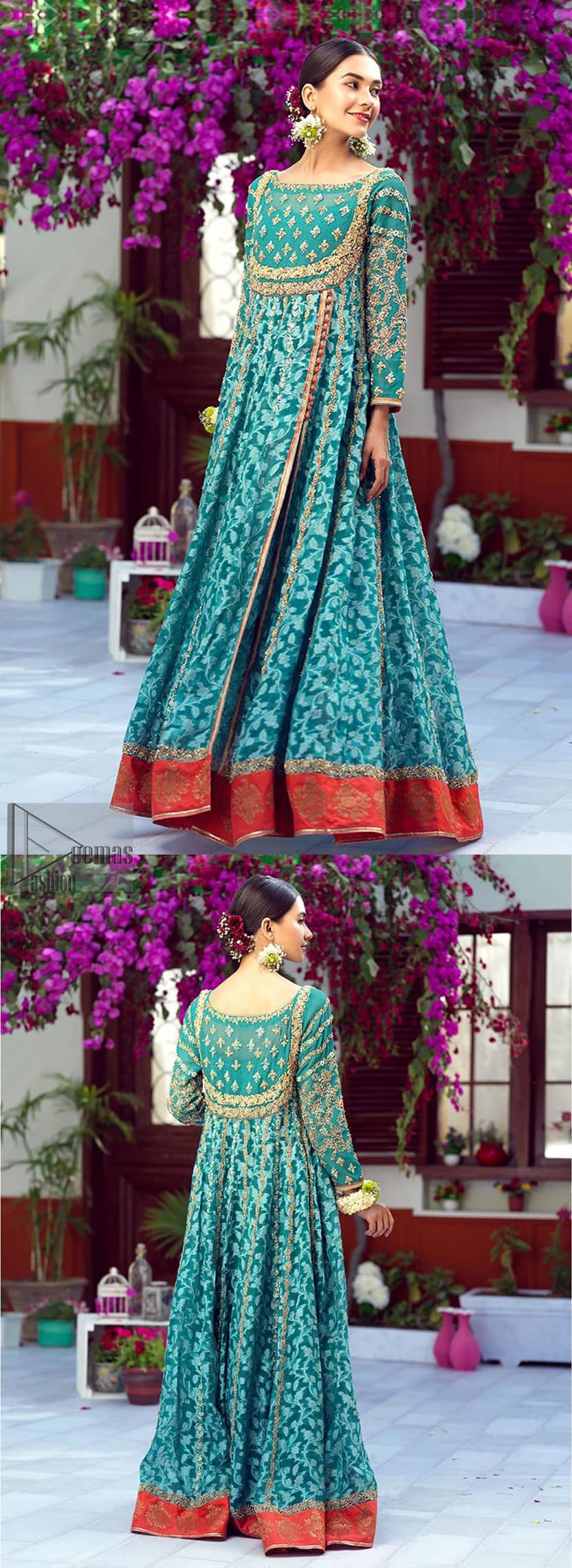 The perfect combination of tradition and class. With a lot of attention to detail, the intricate zardozi work with using glass beading and threads makes the bodice look like nothing but a dream. The tiny floral motifs are also scattered on the bodice. This mehndi outfit is ornamented with vertical embroidered lines and coral applique at the bottom. It comprises with sea green capri pants emphasized with embellished bottom and coral self fabric dupattta. You are all set to make a lasting impact with the divine royalty of this dress.