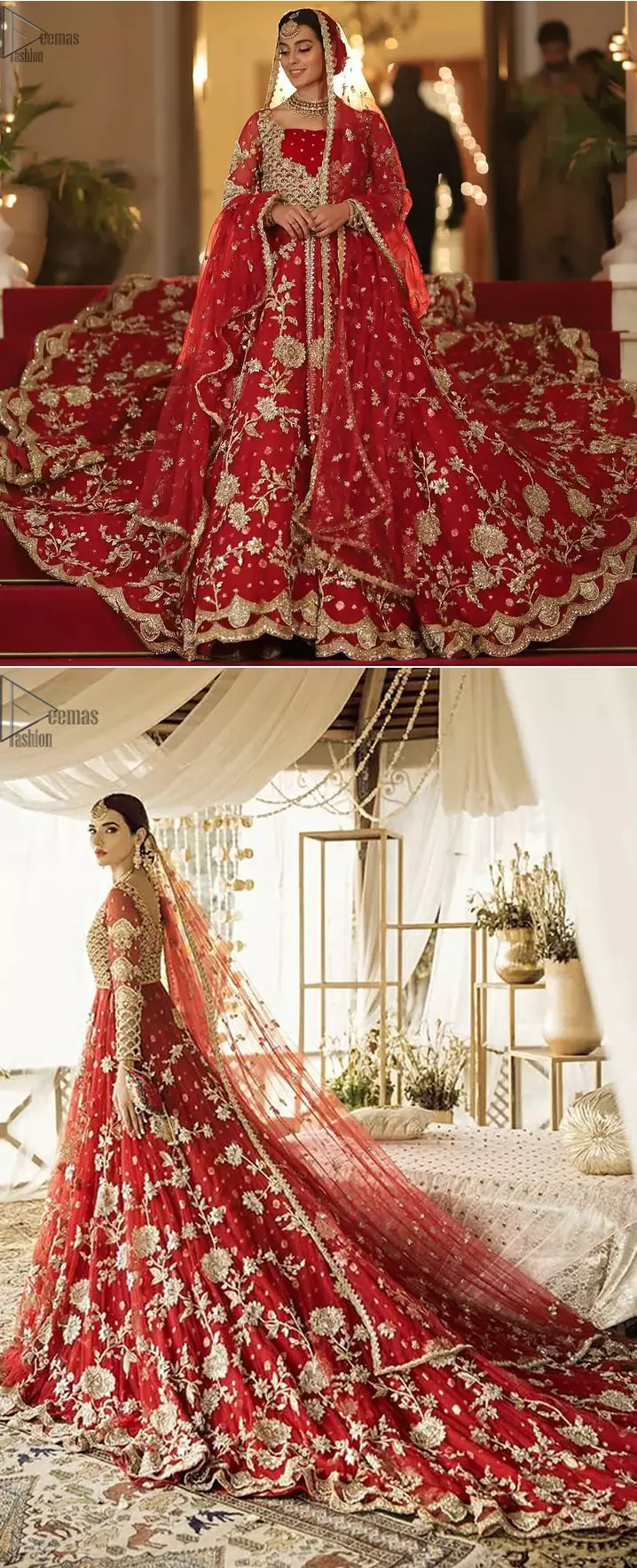 Pakistani Bridal Wear - Red Front Open Back Train Maxi. This red bridal dress stands out due to its uniqueness and the perfect fusion of modern cut and traditional embroidery. 