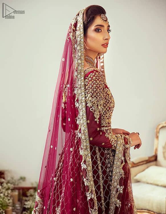 Maroon Floor Length Pakistani Reception Wear Pishwas with Bridal Dupatta and Churidar Pajama