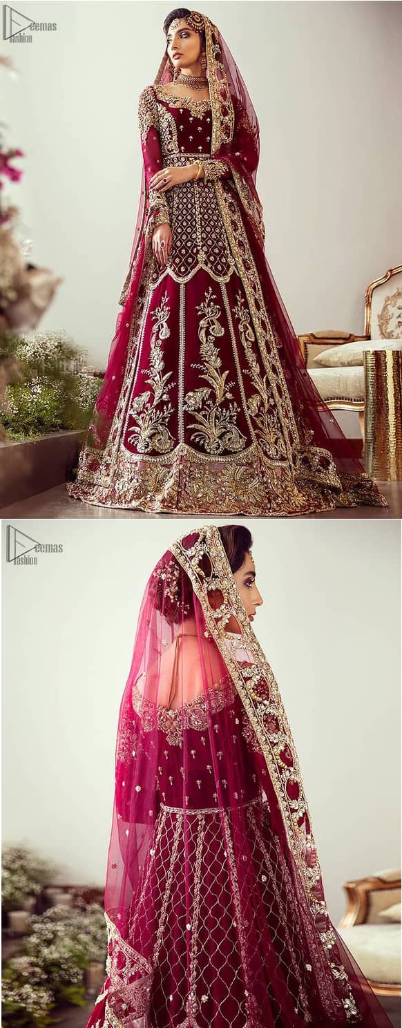 Maroon Floor Length Pakistani Reception Wear Pishwas with Bridal Dupatta and Churidar Pajama. Did you recently say “YES” to the person of your dreams? Now it’s time to stop searching for the perfect dress. Then hold your breath, as we reveal this masterpiece. A sensational affair so timeless and magnificent, beautifully crafted with light golden zardozi work. Craftmanship and skills you've never witnessed before. The pishwas is fully decorated with geometric patterns, floral bootis and tea rose embroidered appliqued bottom. 