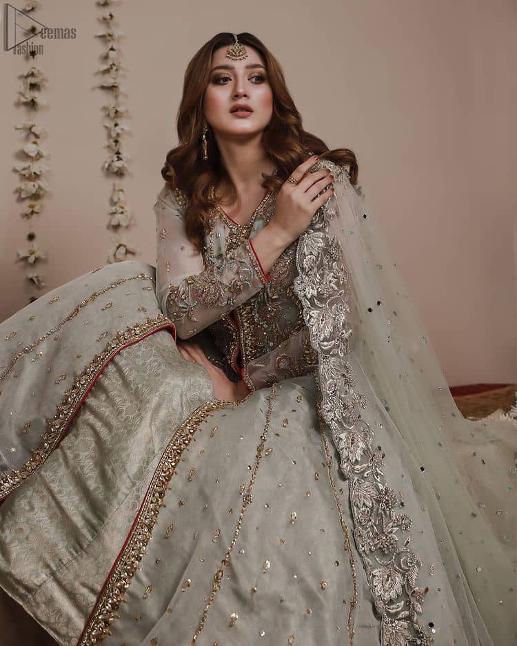 Mint Green Front Open Gown - Banarsi Lehenga