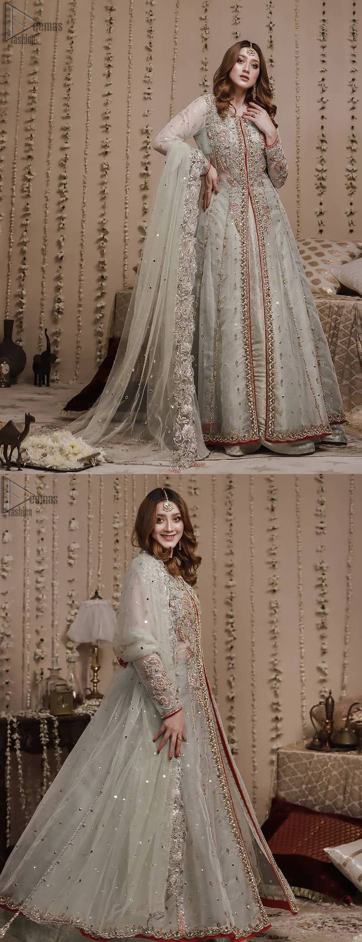Mint Green Front Open Gown - Banarsi Lehenga