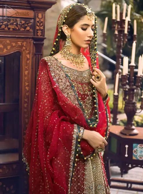 Red Back Train Shirt - Golden Lehenga