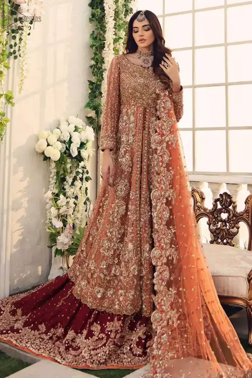 Salmon Gown Red Back Train Lehenga