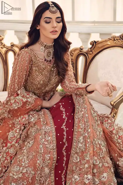 Salmon Gown Red Back Train Lehenga