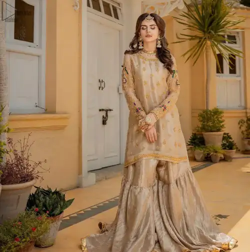 Beige Aline Tissue Shirt - Banarsi Gharara for Nikah