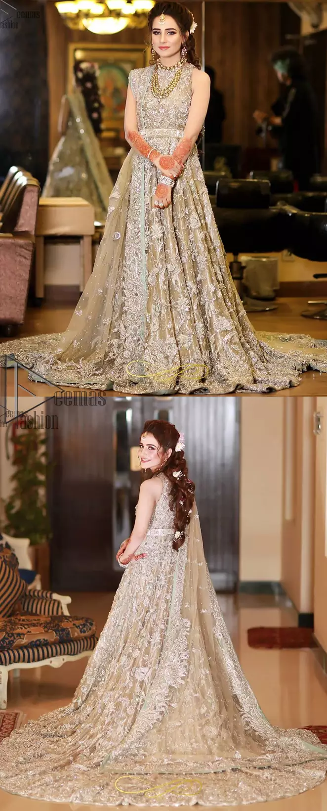 Your graceful personality demands a royal touch, which is why the Fawn Back Train Maxi ensures imperial distinctiveness. As per its highly admirable looks, this exquisite bridal wear is made sleeveless and adorned with exemplary silver embroidery to give it the most majestic vibes. Dresses for whom uniqueness prevails, a halterneck works outstandingly as an icing on a cake. Pure organza is chosen as the graceful fabric for the maxi, whereas the churidar pajama is made with the smoothest raw silk. Not to forget, a final add-up of an elegant net dupatta, and this ravishing attire is all set to dazzle up your Nikah.