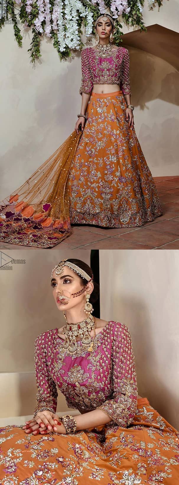 Orange Lehenga Dupatta – Pink Blouse