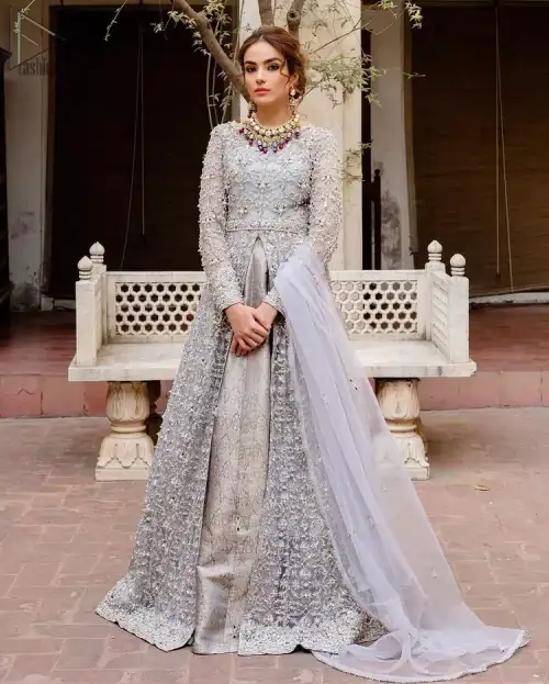 Light Gray Front Open Nikah Wear Maxi and Pure Katan Banarsi Jamawar Lehenga