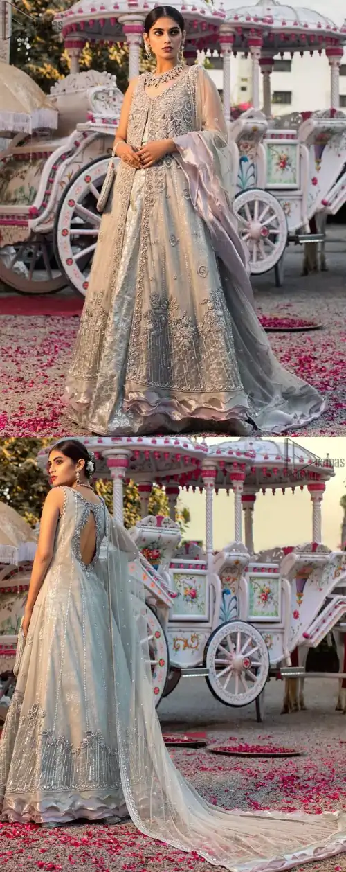 Light gray pure banarsi jamawar blouse, lehenga with front open long jacket having multiple layered frill.