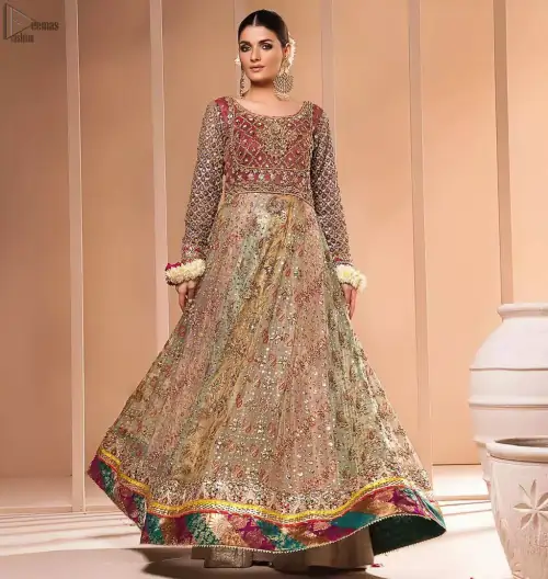 Copper Rust Bodice Multiple Panel Frock - Light Purple Dupatta