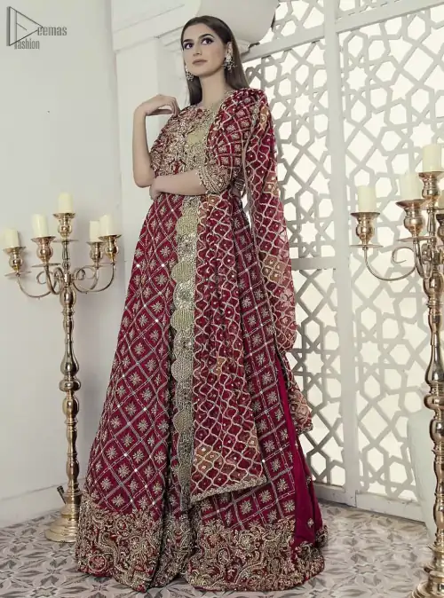 Maroon fully embroidered blouse cross-check lehenga n dupatta. This outfit is Crafted with love and classically designed to make your