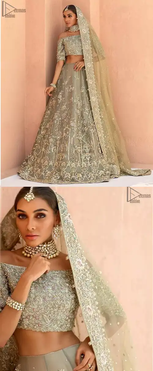 When extreme beauty is your identity, the Olive Green Off Shoulder Blouse Lehenga makes sure it boosts your gorgeousness with