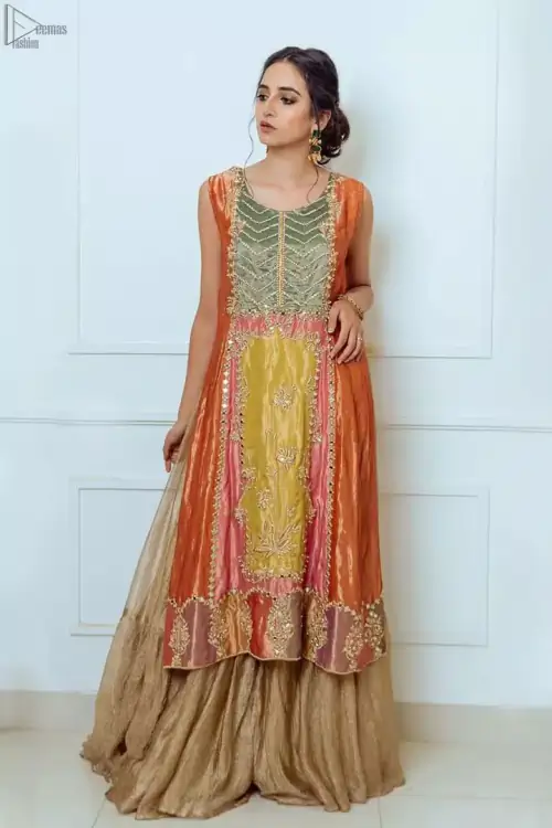 Orange Appliqued Shirt- Golden Sharara