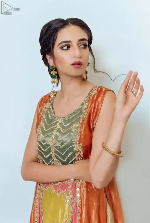 Orange Appliqued Shirt- Golden Sharara