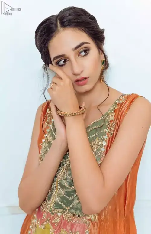 Orange Appliqued Shirt- Golden Sharara