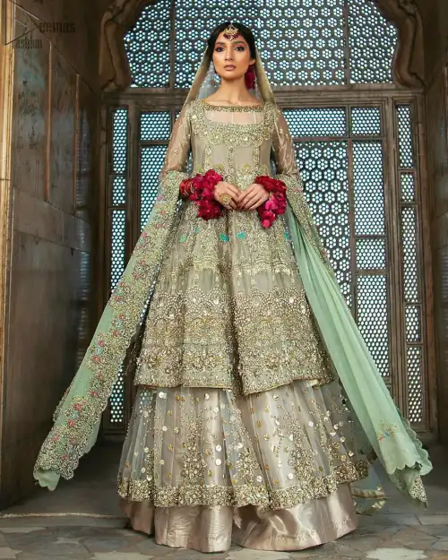 Pastel Green Double Layer Frock - Tea Rose Sharara. Fabulously stitched, Pastel Green double flared frock in maxi style is
