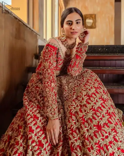 Red Off Shoulder Blouse - Back Train Lehenga n Dupatta for wedding