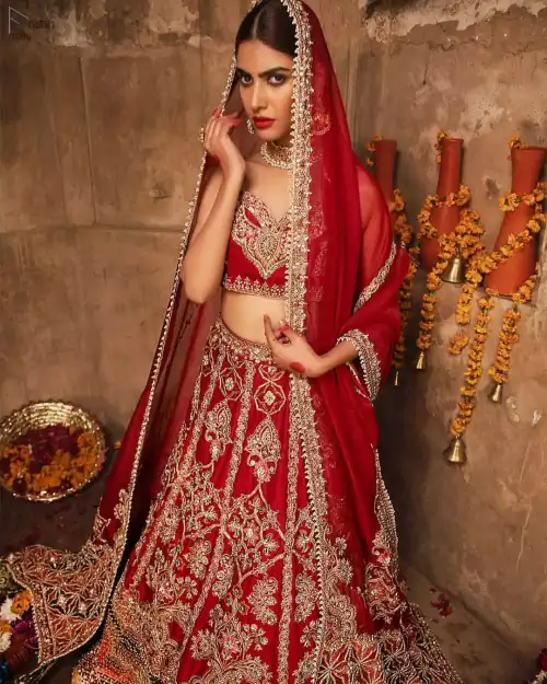 Red Sweetheart Blouse Lehenga Embroidered Dupatta