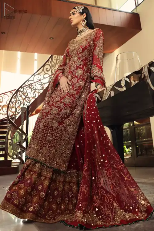 Maroon bridal wear long shirt, appliqued Gharara and matching heavily embroidered dupatta. We will make you believe in fairy-tales! Ethereal