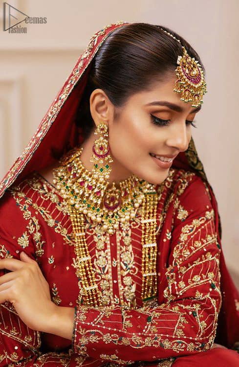 Deep Red Pakistani Bridal Wear Shirt, Gharara with Shawl.