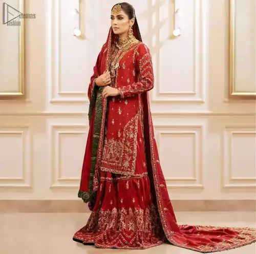 Deep Red Pakistani Bridal Wear Shirt, Gharara with Shawl.