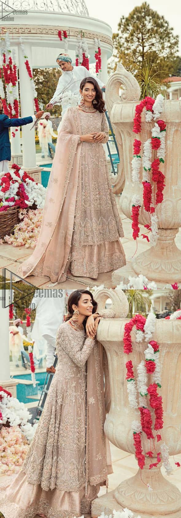 Bringing traditional charm to your big day with intricately silver and light golden embellished neckline and thick worked lines all around the flare on Tea rose canvas of Pishwas. Tea Rose pure Organza Pishwas adorned with heavy embroidery all over it. The nikah Pishwas has beautiful danglings on the back of the neckline and it comes with a pure banarsi jamawar lehenga having large thick borders on the hemline. This nikah wear tea rose Pishwas, pure banarsi jamawar lehenga comes with pure organza embroidered border dupatta.