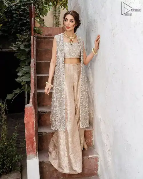 Pakistani Party Dress - Beige Open Shirt n Blouse - Palazzo Pants. This sleeveless blouse follows an open front, lined