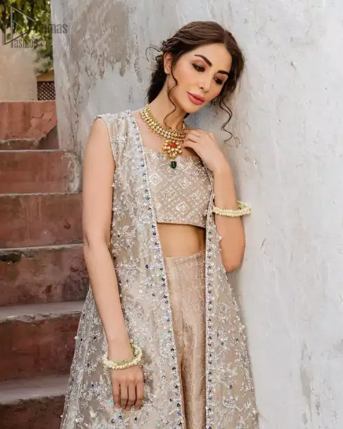 Pakistani Party Dress - Beige Open Shirt n Blouse - Palazzo Pants. A traditional design of mesmerizing silver embroidery intensifies