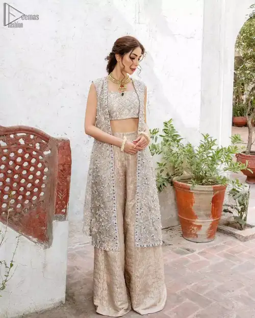 Pakistani Party Dress - Beige Open Shirt n Blouse - Palazzo Pants. The dress is made with pure Katan Banarasi