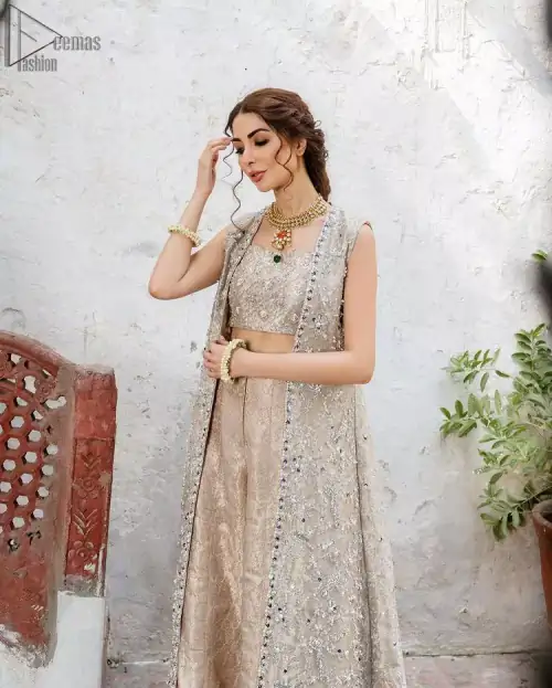 Pakistani Party Dress - Beige Open Shirt n Blouse - Palazzo Pants. The dress is made with pure Katan Banarasi