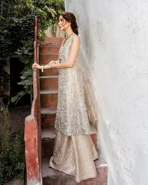 Pakistani Party Dress - Beige Open Shirt n Blouse - Palazzo Pants. This attractive semi-formal dress would delight your day