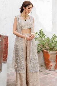 Pakistani Party Dress - Beige Open Shirt n Blouse - Palazzo Pants. Style with confidence with a fantastic Beige Open Shirt n Blouse.