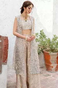 Pakistani Party Dress - Beige Open Shirt n Blouse - Palazzo Pants. Style with confidence with a fantastic Beige Open Shirt n Blouse.