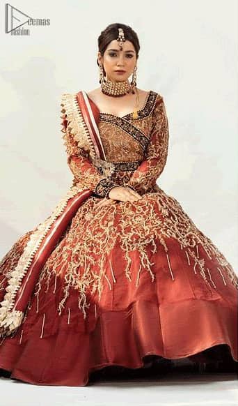 Pakistani Reception Wear - Burgundy Ball Gown – Lehengha. Dress up traditionally with Deemas Fashion's marvellous Burgundy Ball Gown.