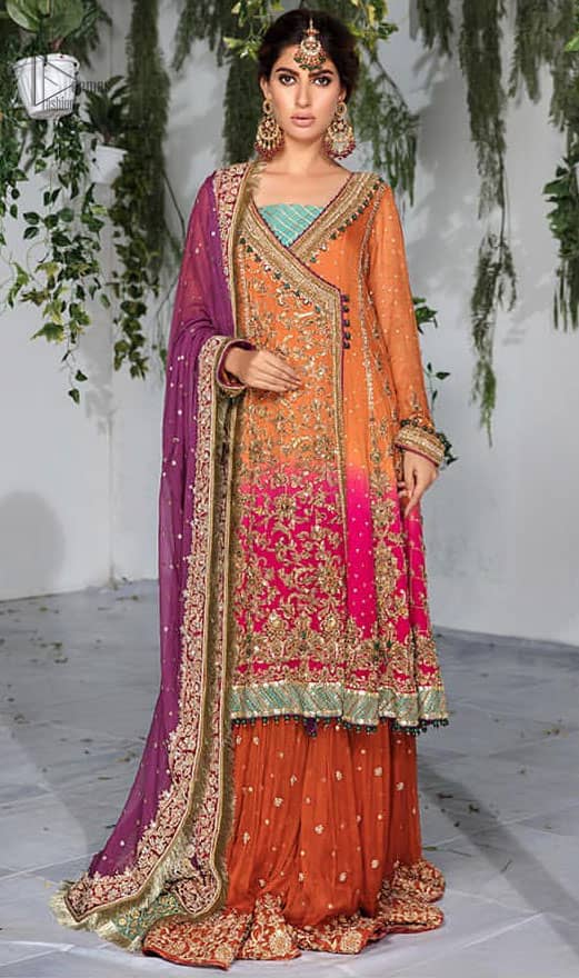Orange Pink Angrakha Sharara – Purple Dupatta