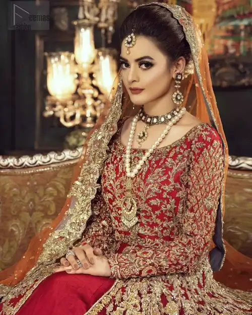 Red Front Open Back Train Maxi – Orange Dupatta