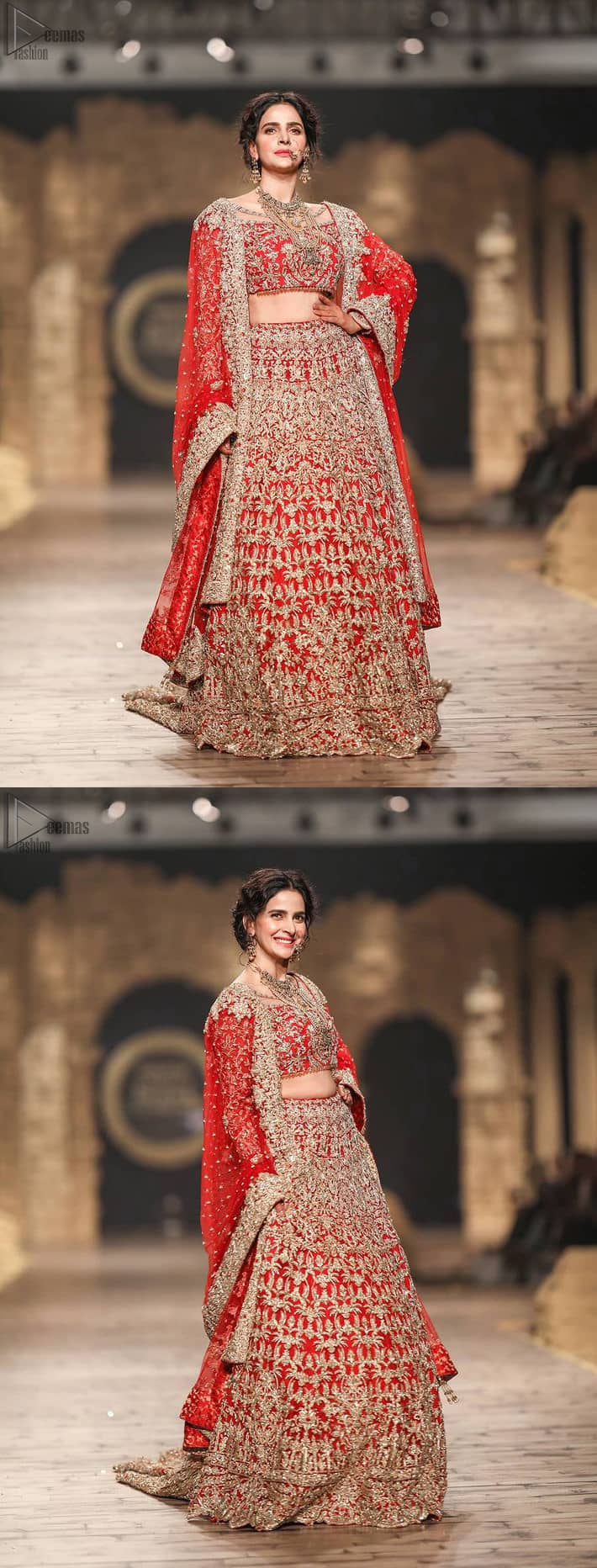 Pakistani Wedding Wear having Red Short Blouse Lehenga. While the final touch of golden embroidery concludes with the supreme elegance of the dress.