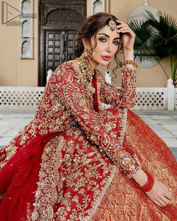 Pakistani Red Bridal Peplum n Dupatta – Orange Lehenga