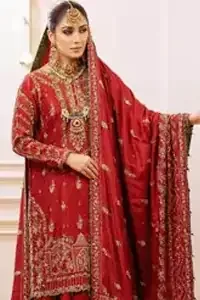 Deep Red South Asian Bridal Wear Shirt, Gharara with Shawl.