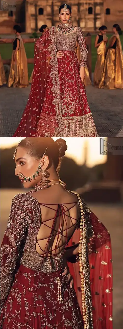 This full-sleeved red maxi is made with pure organza, perfected with silver and golden embroidery, and adorned with sparkling pearls