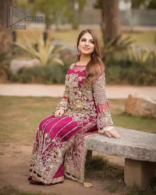 Take a step towards refreshing your wardrobe with a Shocking pink long Shirt. This dress is allured with floral embroidery.
